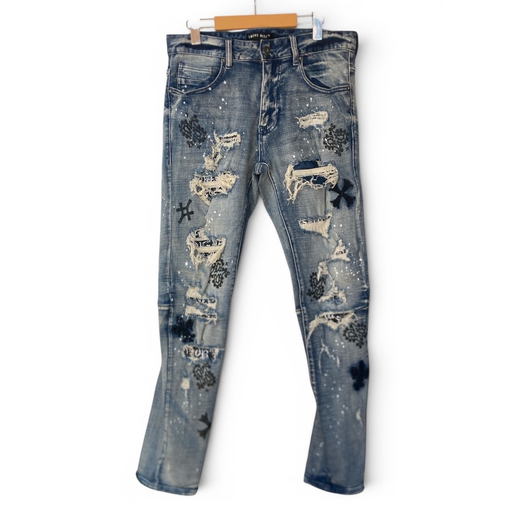 Smoke Rise Mens Distressed Paint Splatter Rip & Repair Moto Jeans Blue 32x32